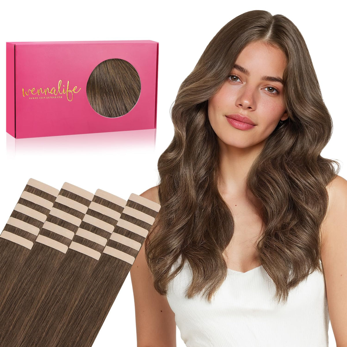 Wennalife Tape in Hair Extensions 20pcs dark brown copper front view