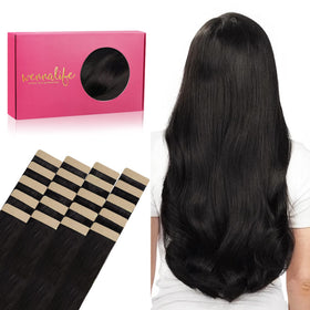 Wennalife Tape in Hair Extensions 20pcs Natural Black 26 inch front view