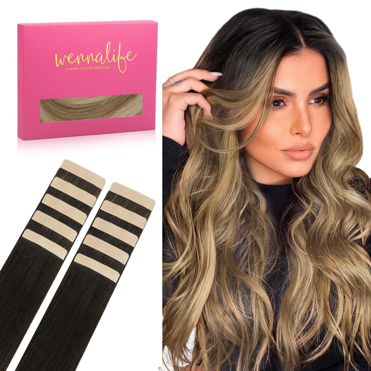 Wennalife Tape in Hair Extensions 22 inch dark brown to blonde highlights front view