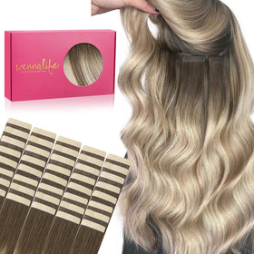Wennalife Tape in Hair Extensions 22 inch Ombre Sandy Brown to Platinum Blonde front view
