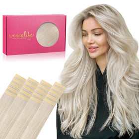 Wennalife Tape in Hair Extensions 22 inch Platinum Blonde front view