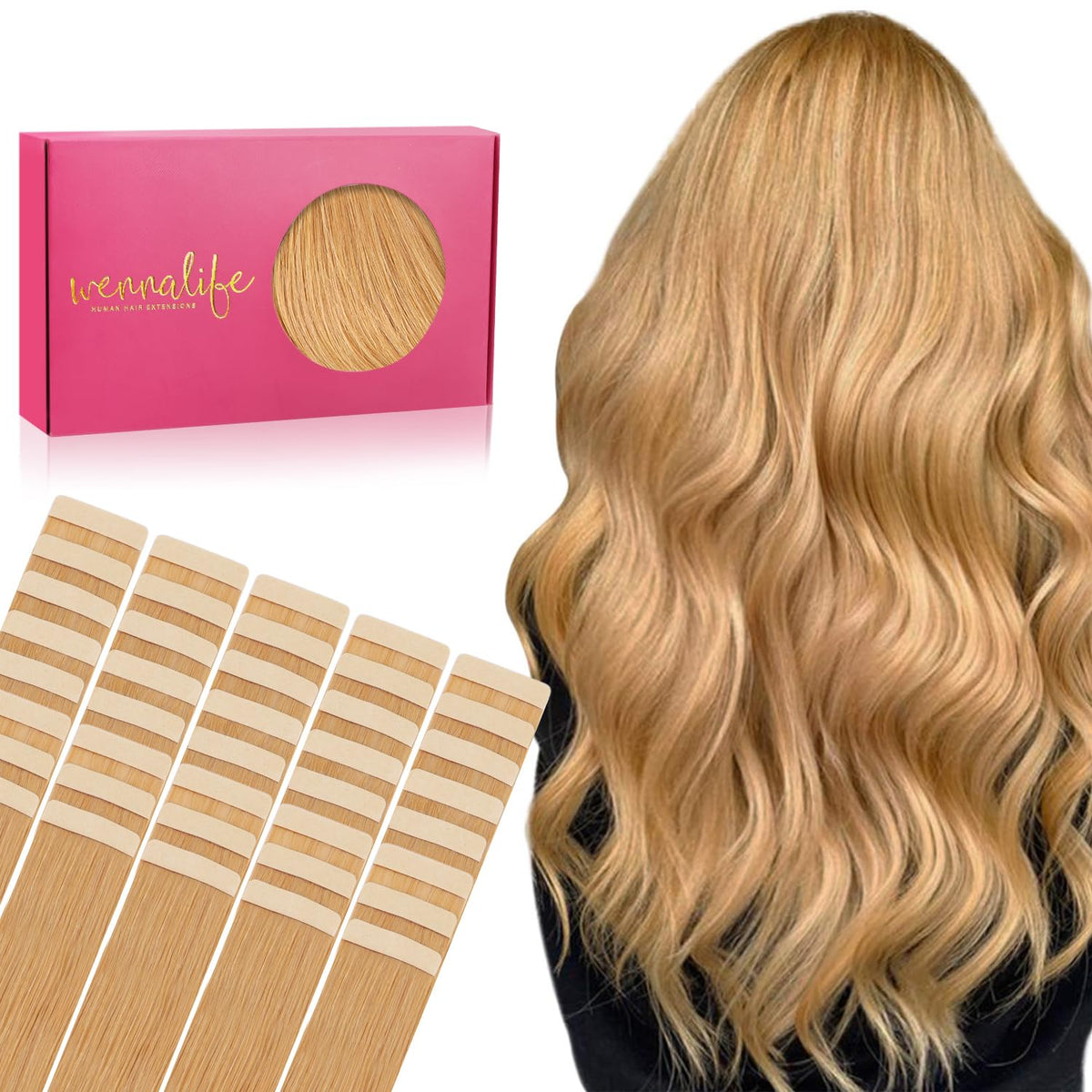 Wennalife Tape in Hair Extensions 22inch Strawberry Blonde front view
