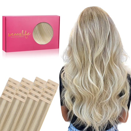 Wennalife Tape in Hair Extensions 24 inch Ash Blonde and Platinum Blonde front view