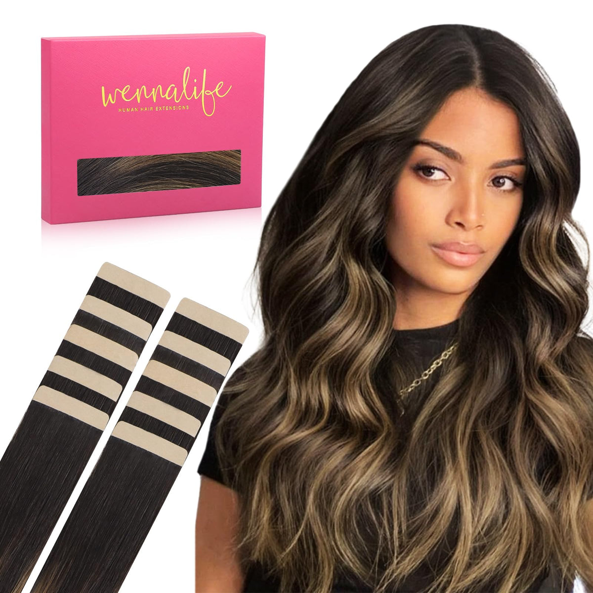 Wennalife Tape in Hair Extensions 24 inch Balayage Dark Brown front view