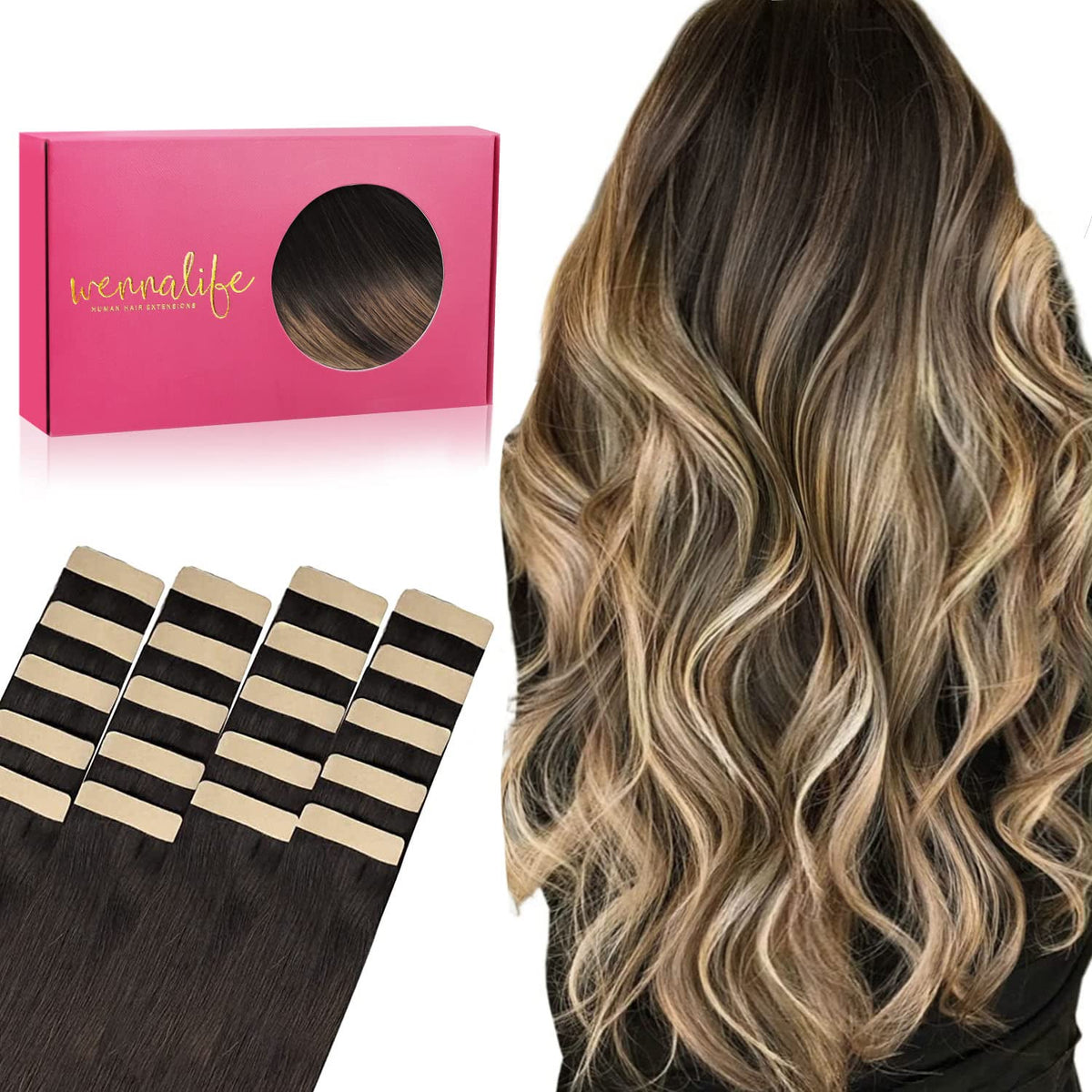 Wennalife Tape in Hair Extensions 24 inch Dark Brown to Chestnut Brown front view