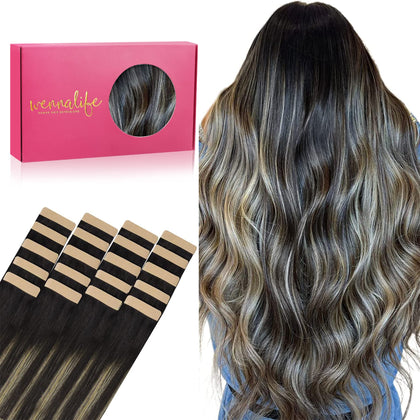 Wennalife Tape in Hair Extensions 24 inch natural black to light blonde front view