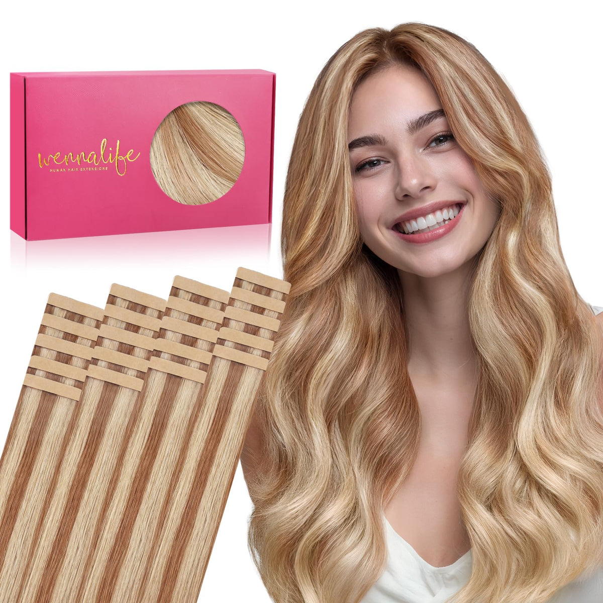 Wennalife Tape in Hair Extensions 26 inch Ash Beige Blonde Blend front view