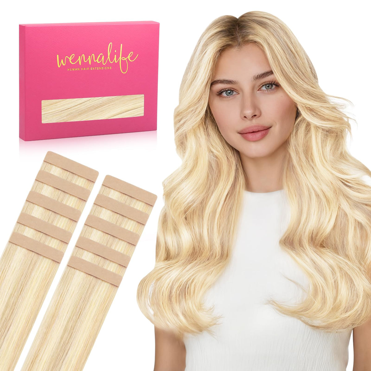 Wennalife Tape in Hair Extensions 26 inch Balayage Light Wheat Platinum Blonde front view