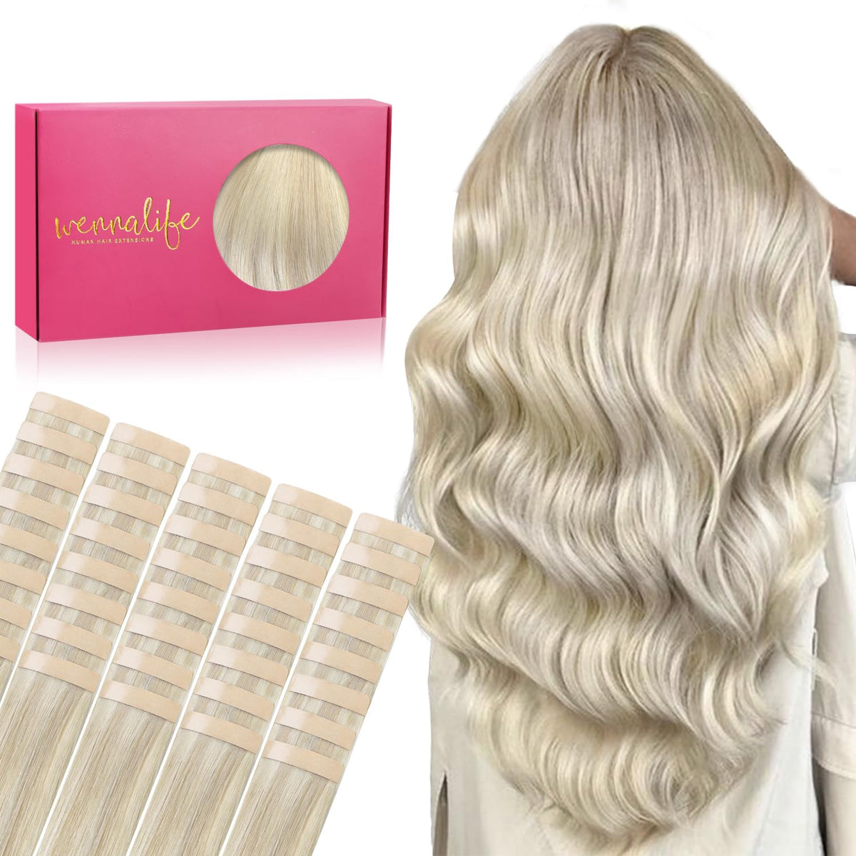 Wennalife Tape in Hair Extensions 40pcs 100g Ash Blonde front view