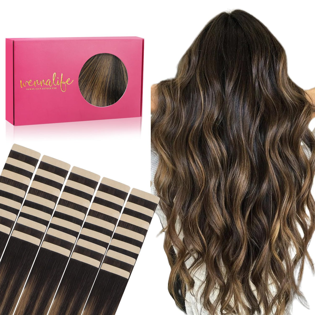 Wennalife Tape in Hair Extensions 40pcs 100g balayage colour front view