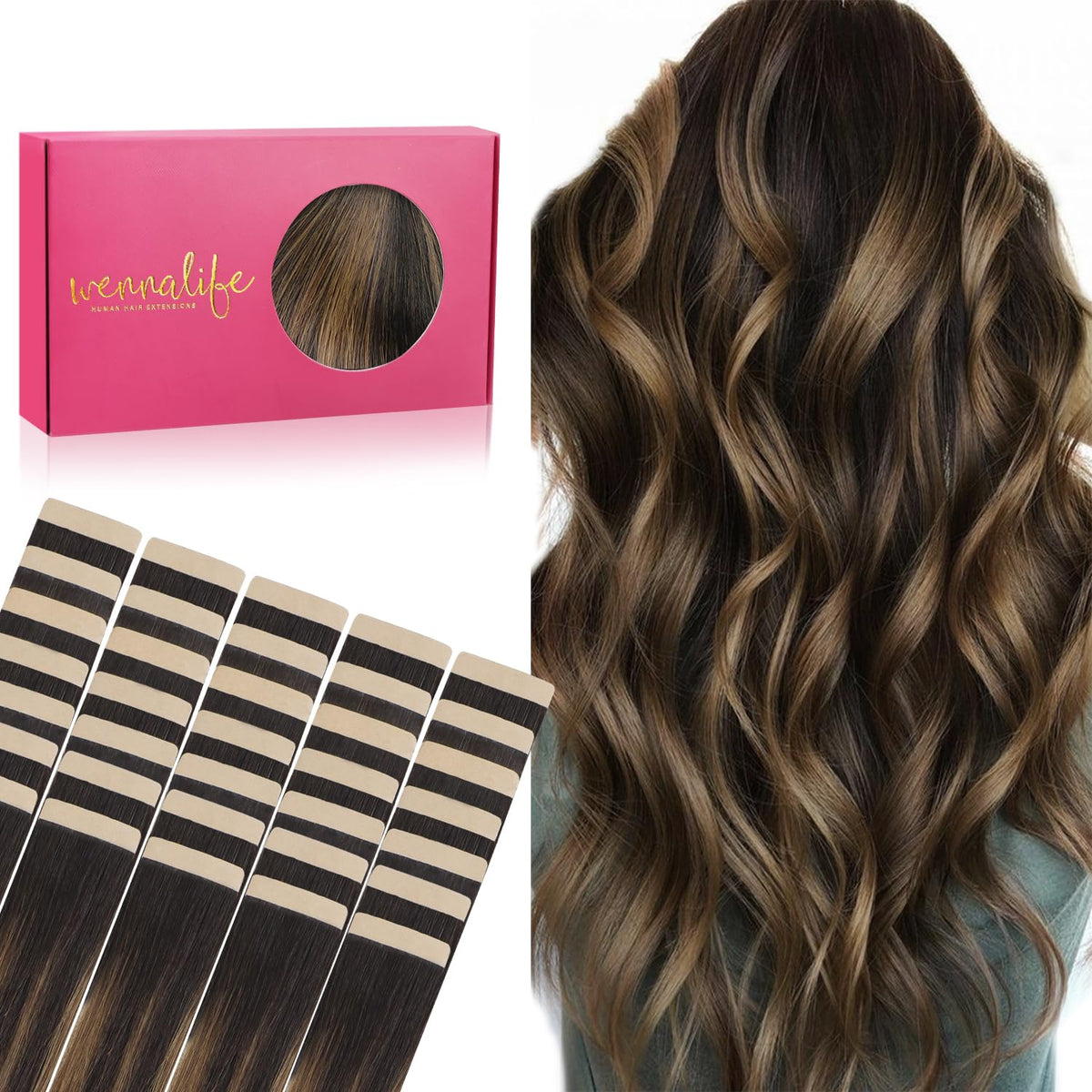 Wennalife Tape in Hair Extensions 40pcs 100g Balayage front view
