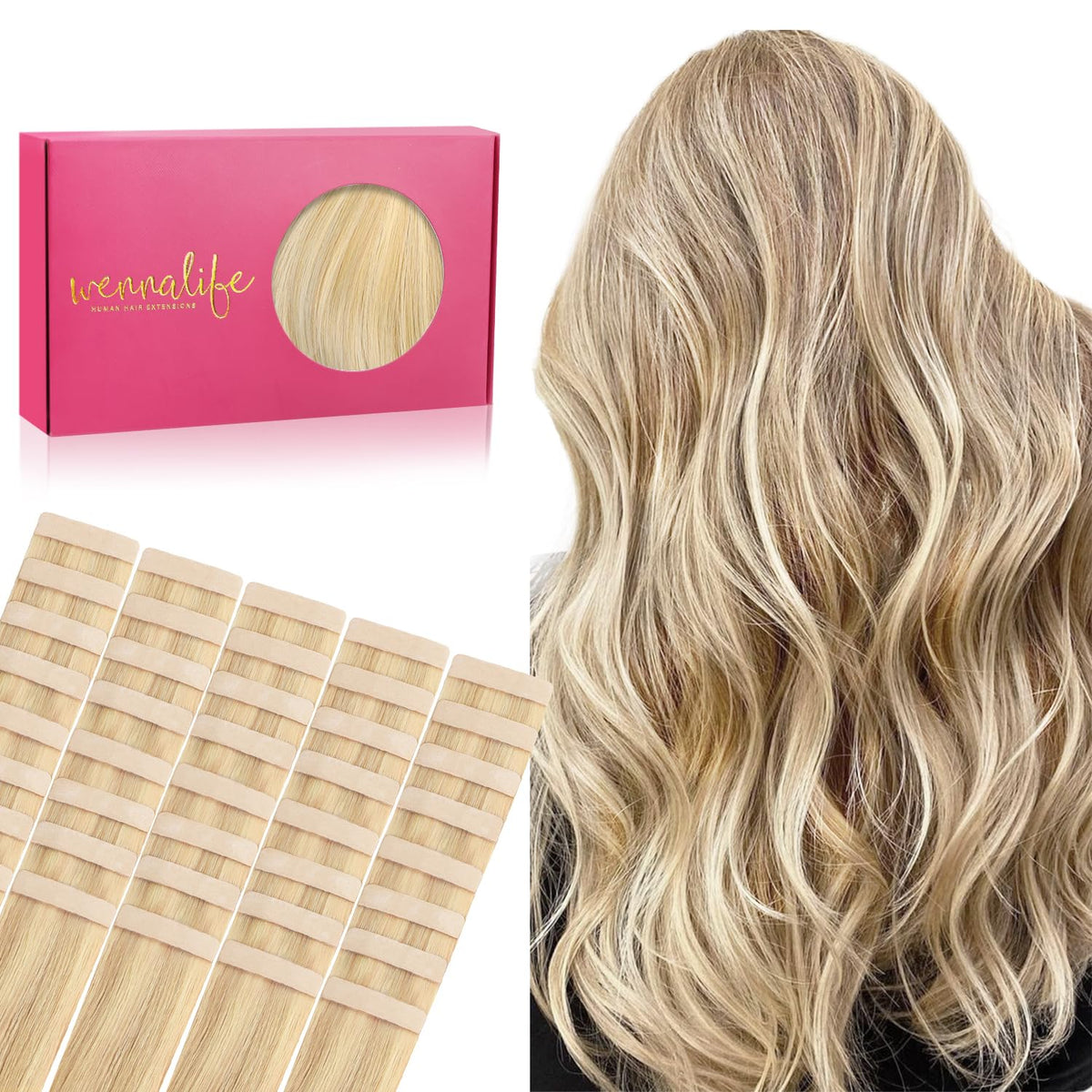 Wennalife Tape in Hair Extensions 40pcs 100g light blonde front view