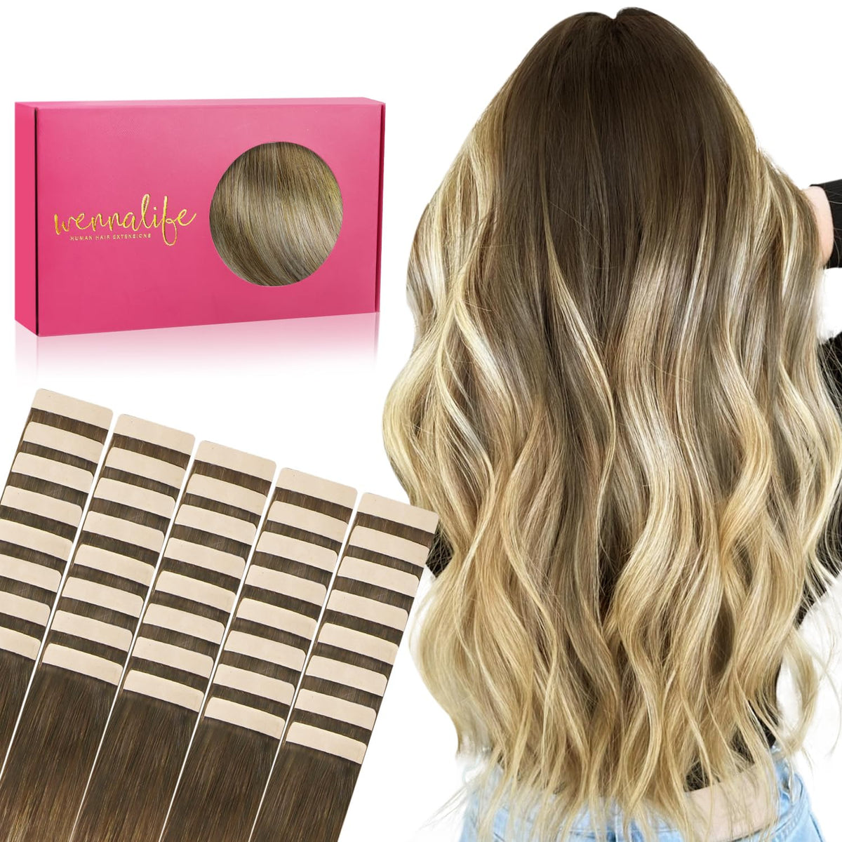 Wennalife Tape in Hair Extensions 40pcs 120g 26 inch ombre front view