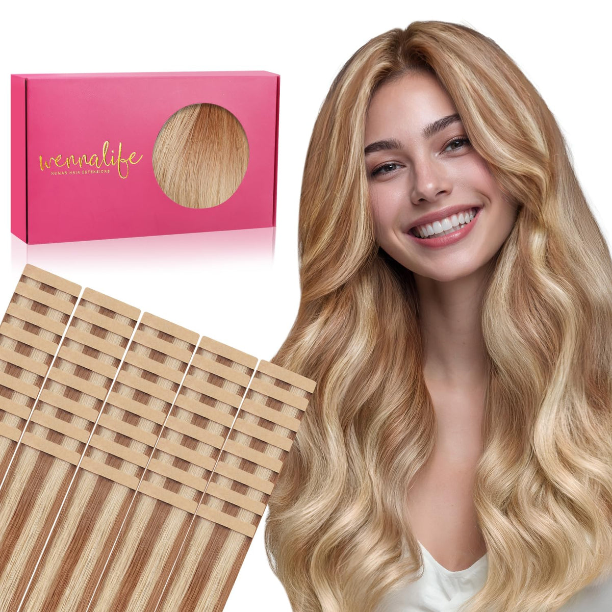 Wennalife Tape in Hair Extensions 40pcs Ash Beige Blonde front view