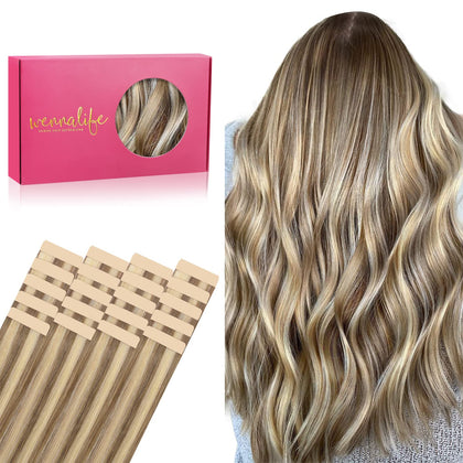 Wennalife Tape in Hair Extensions 40pcs Ash Brown with Platinum Blonde Highlights front view