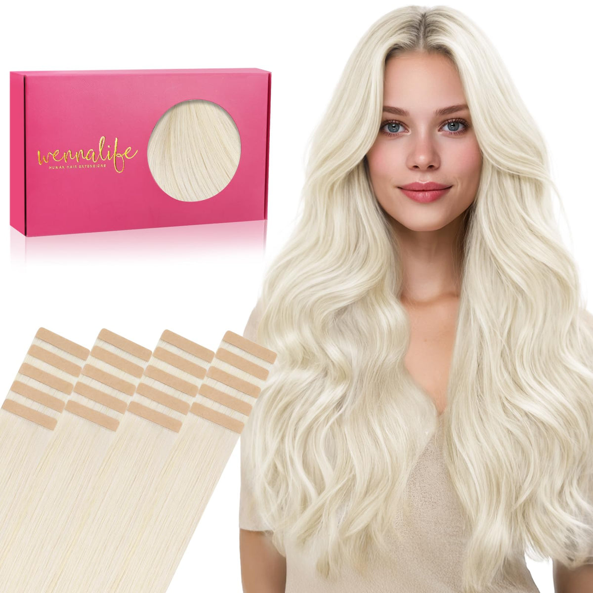 Wennalife Tape in Hair Extensions 50g 18 Inch White Blonde front view