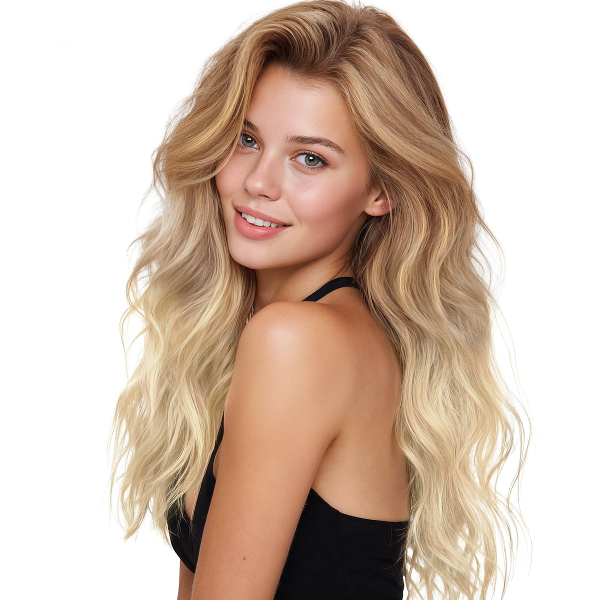 Wennalife Tape in Hair Extensions Ash Beige Blonde Blend 26 inch front view