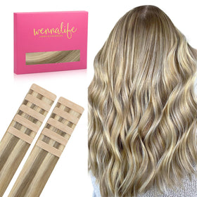Wennalife Tape In Hair Extensions Ash Brown Platinum Blonde Highlights front view