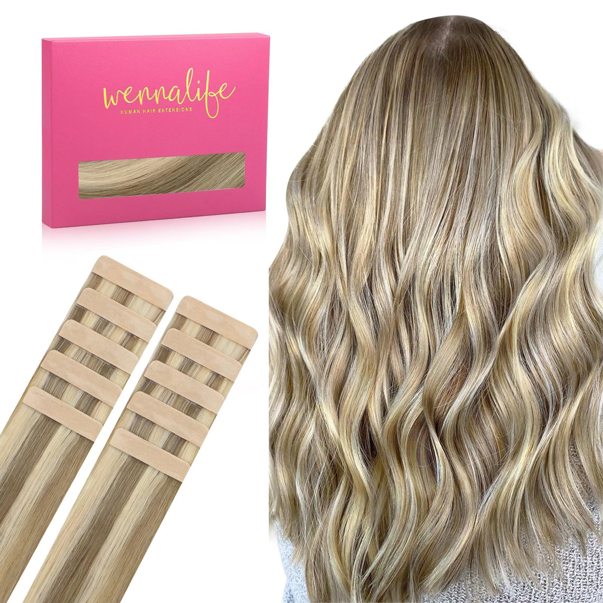 Wennalife Tape in Hair Extensions Ash Brown with Platinum Blonde Highlights front view