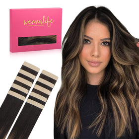 Wennalife Tape In Hair Extensions Balayage Natural Black to Chestnut Brown front view