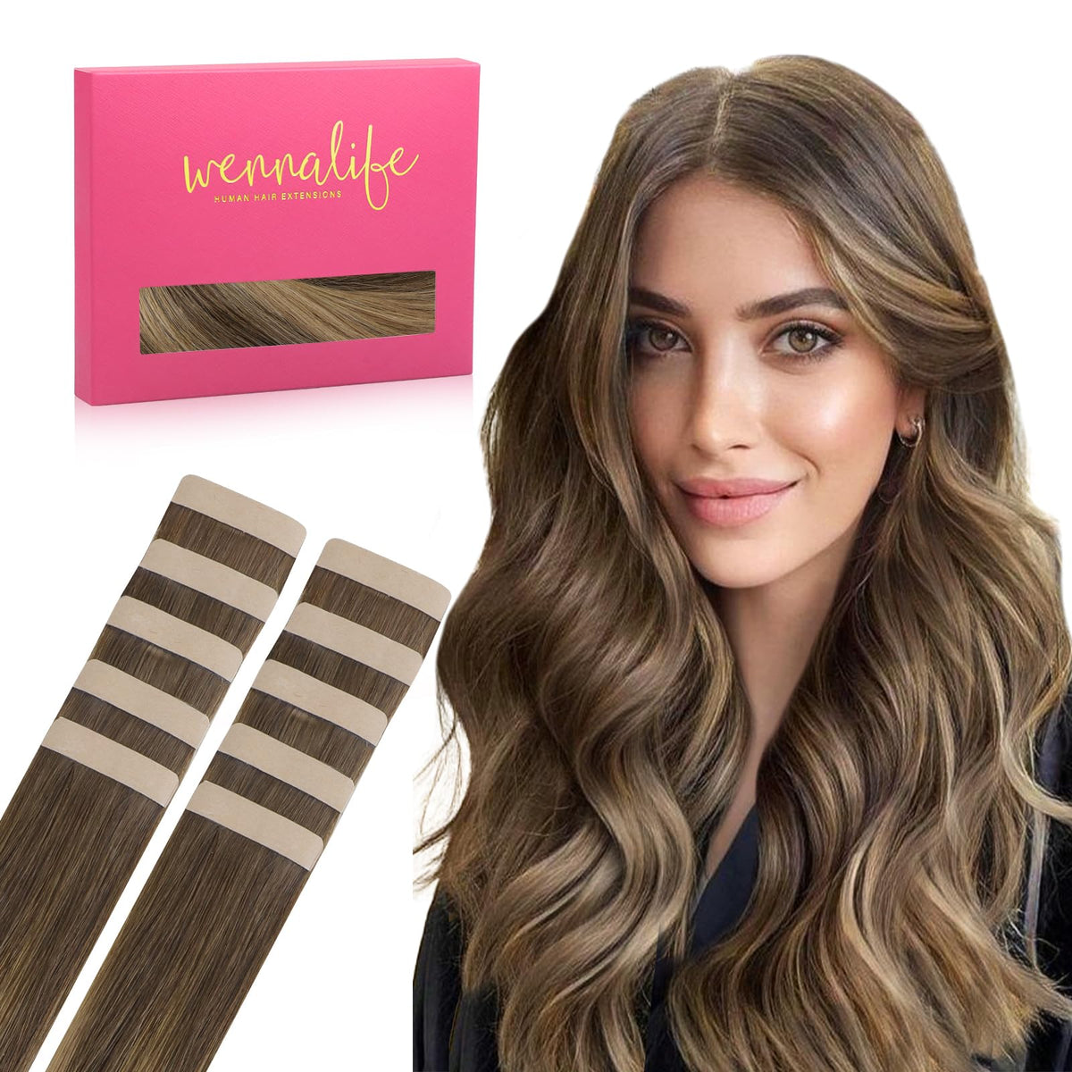 Wennalife Tape in Hair Extensions Chocolate Brown to Caramel Blonde front view