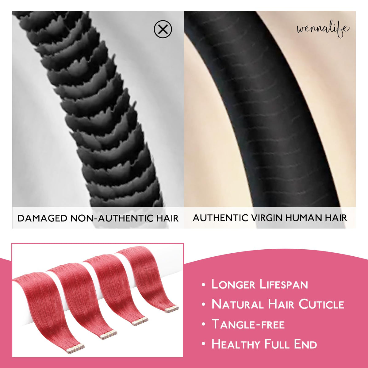 Wennalife Tape In Hair Extensions Coral Red close-up of tape