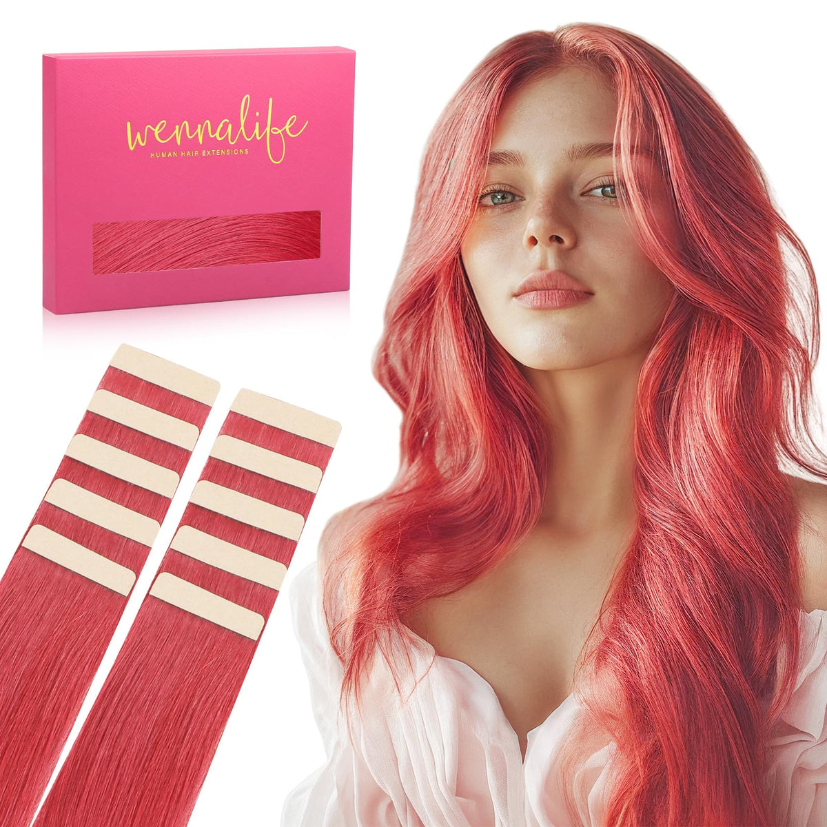 Wennalife Tape In Hair Extensions Coral Red front view