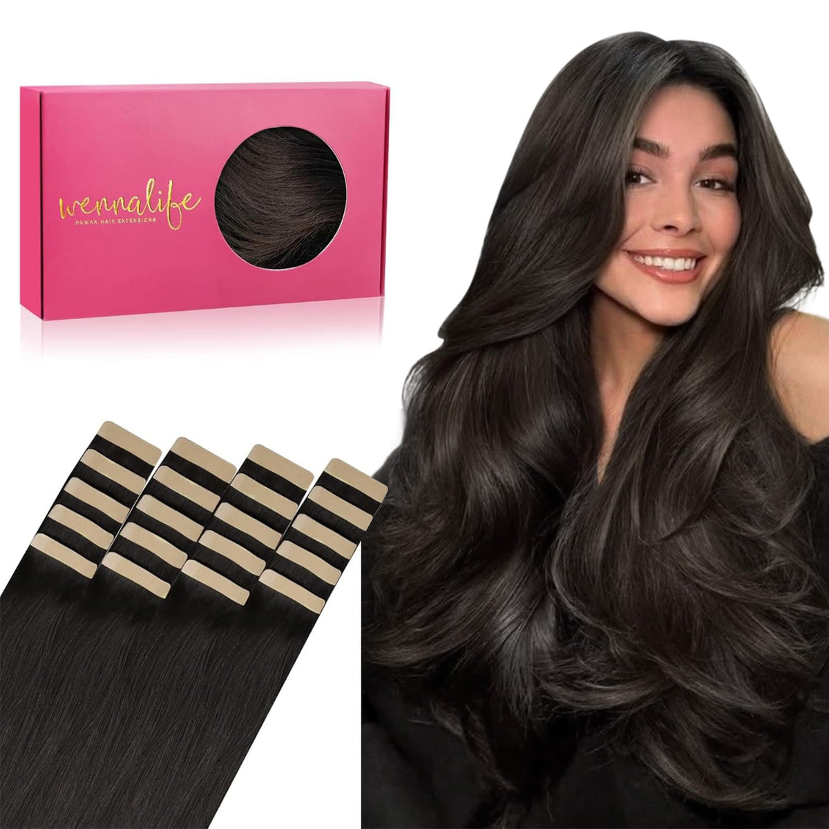 Wennalife Tape in Hair Extensions dark brown 16 inch front view