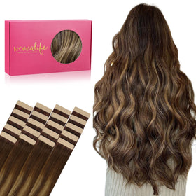 Wennalife Tape in Hair Extensions front view showing chocolate brown and caramel blonde colours