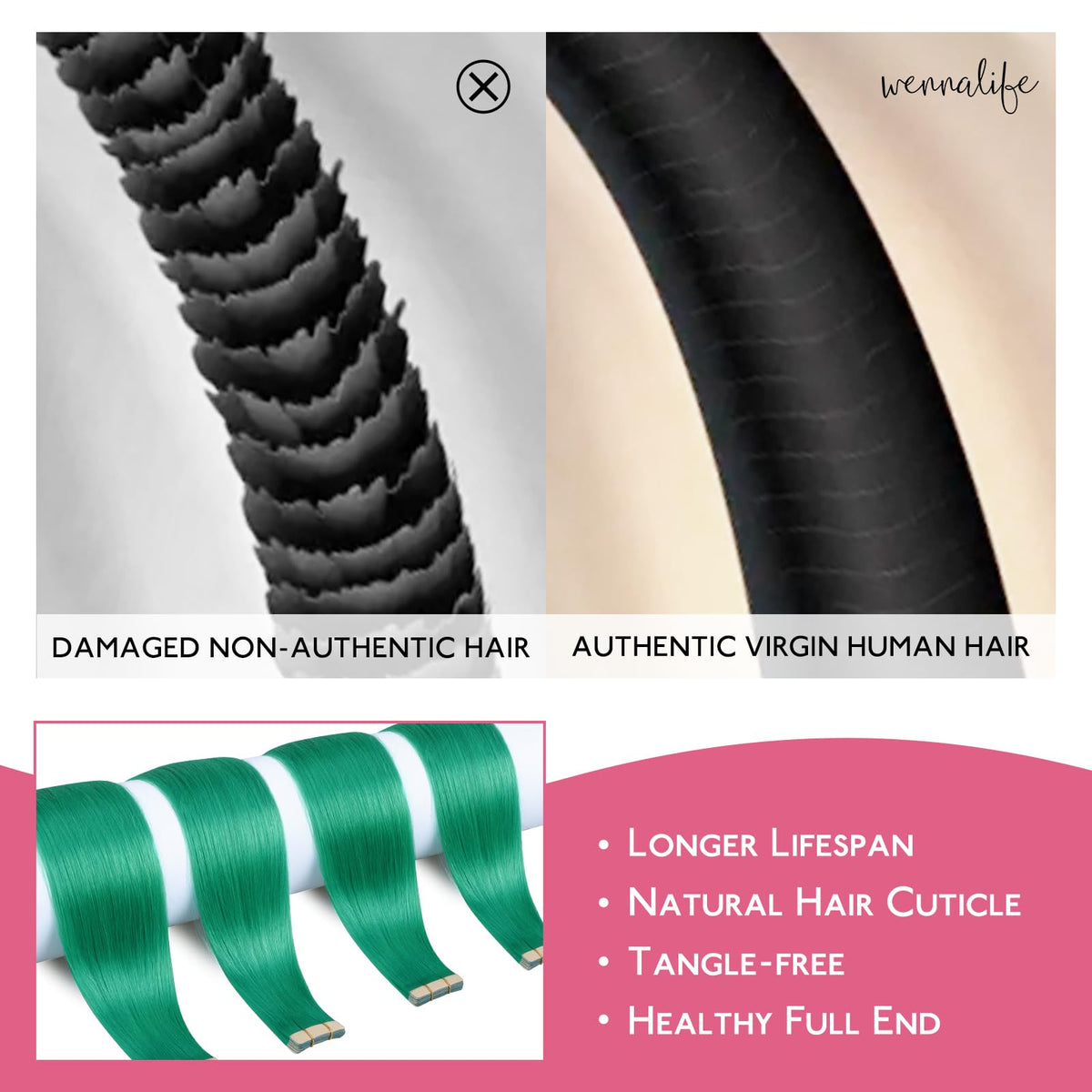 Wennalife Tape in Hair Extensions green strands close-up