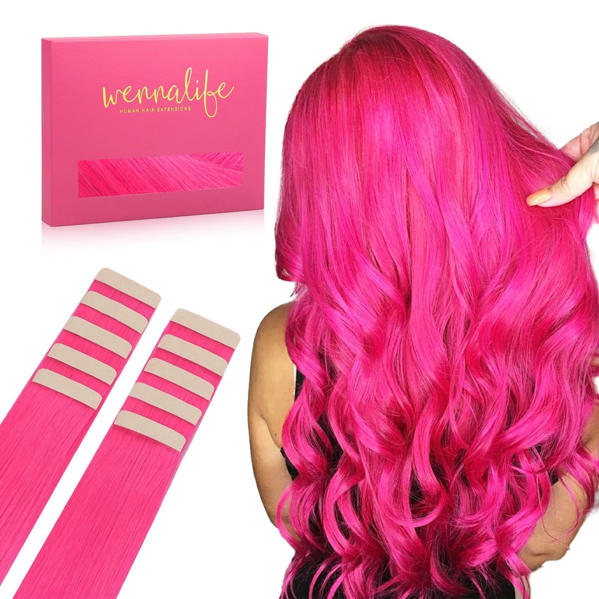 Wennalife Tape in Hair Extensions Hot Pink front view