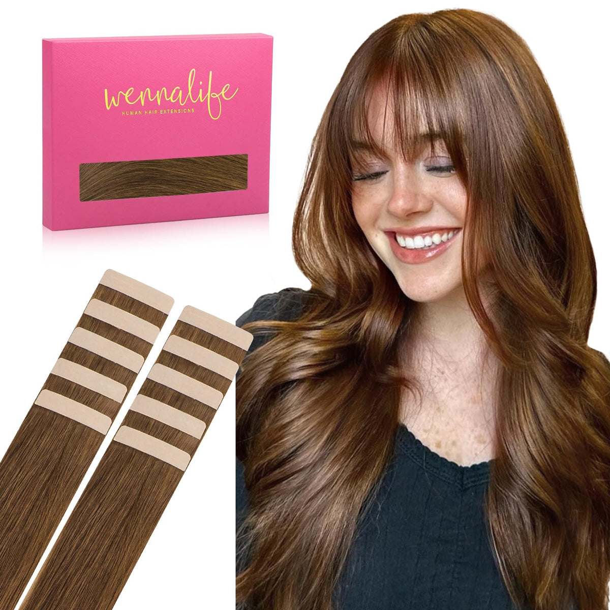 Wennalife Tape in Hair Extensions Light Auburn Brown front view
