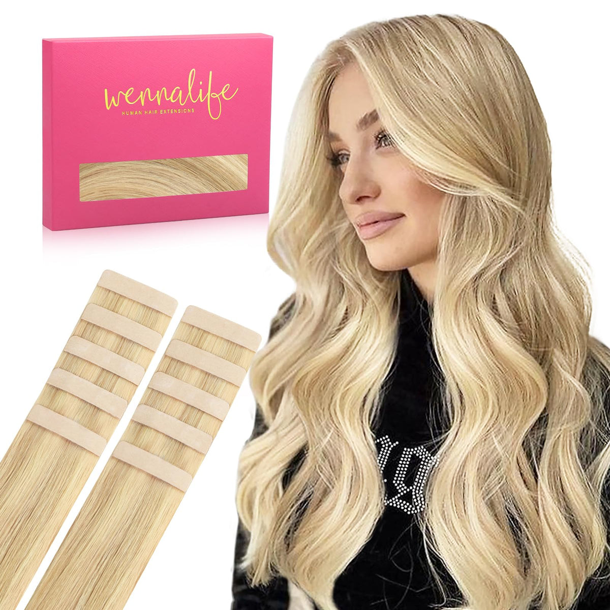 Wennalife Tape in Hair Extensions Light Blonde Highlighted front view