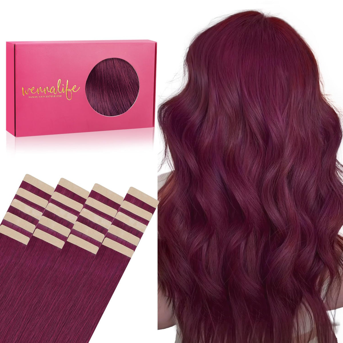 Wennalife Tape in Hair Extensions Light Burgundy 20pcs packaging