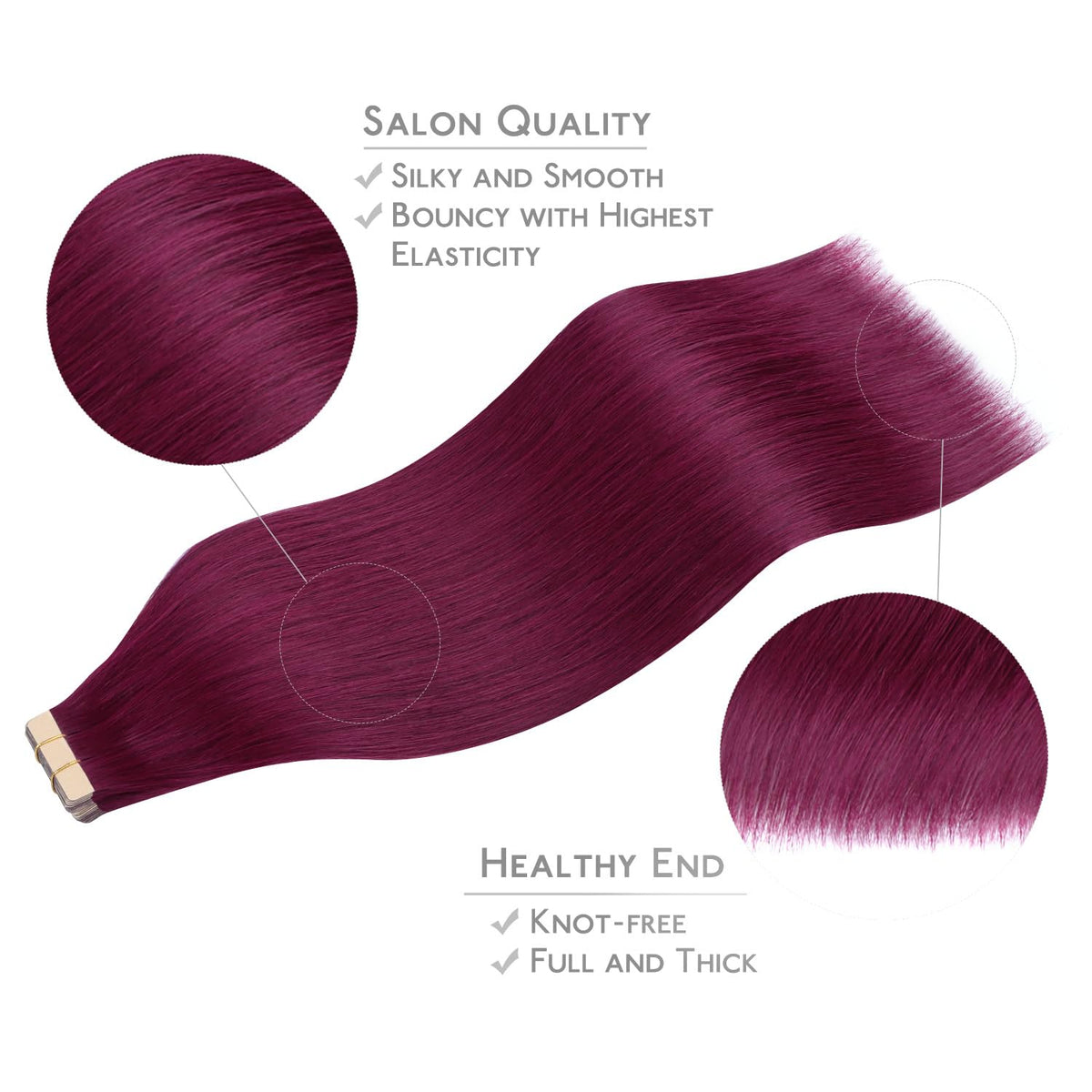 Wennalife Tape in Hair Extensions Light Burgundy displayed with hair care products