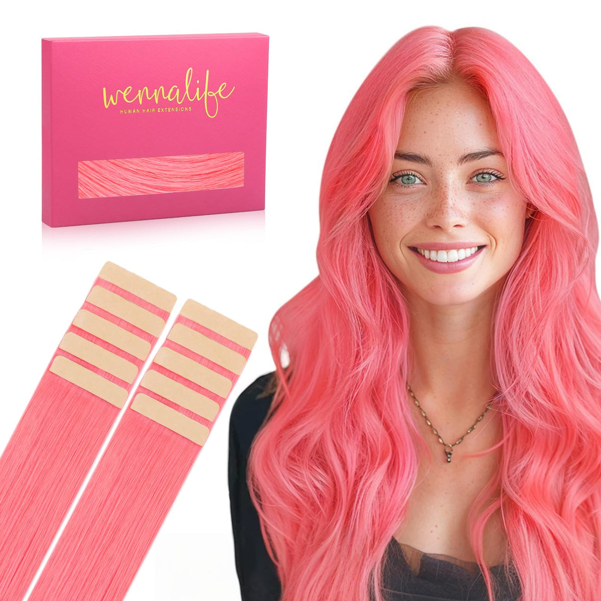 Wennalife Tape in Hair Extensions Light Pink 24 inch front view