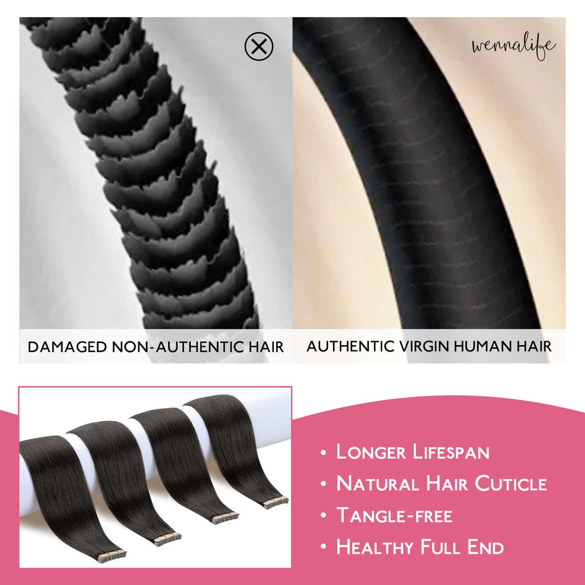 Wennalife Tape in Hair Extensions Natural Black 22 inch back view