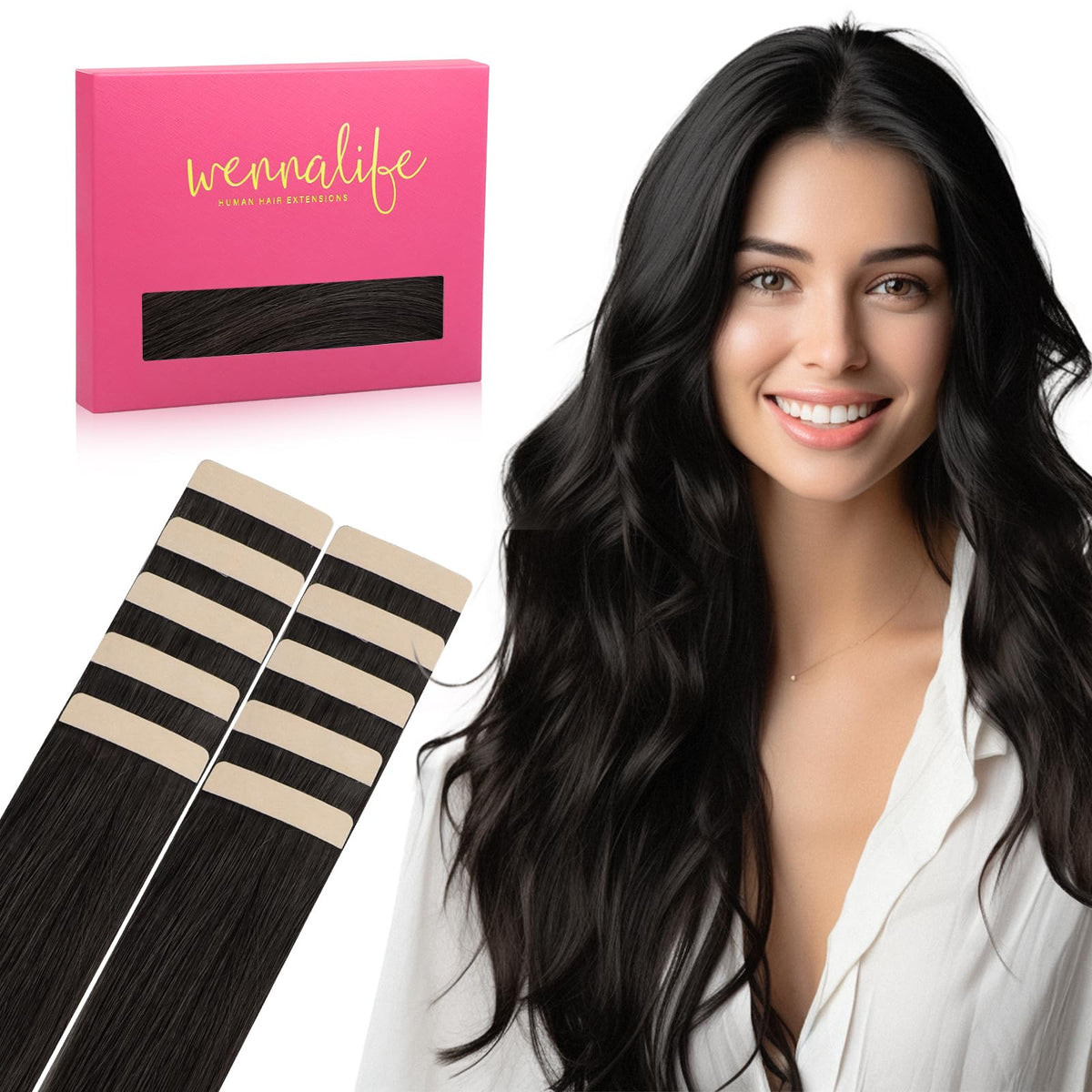 Wennalife Tape in Hair Extensions Natural Black 26 inch front view