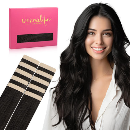 Wennalife Tape in Hair Extensions Natural Black 26 inch front view