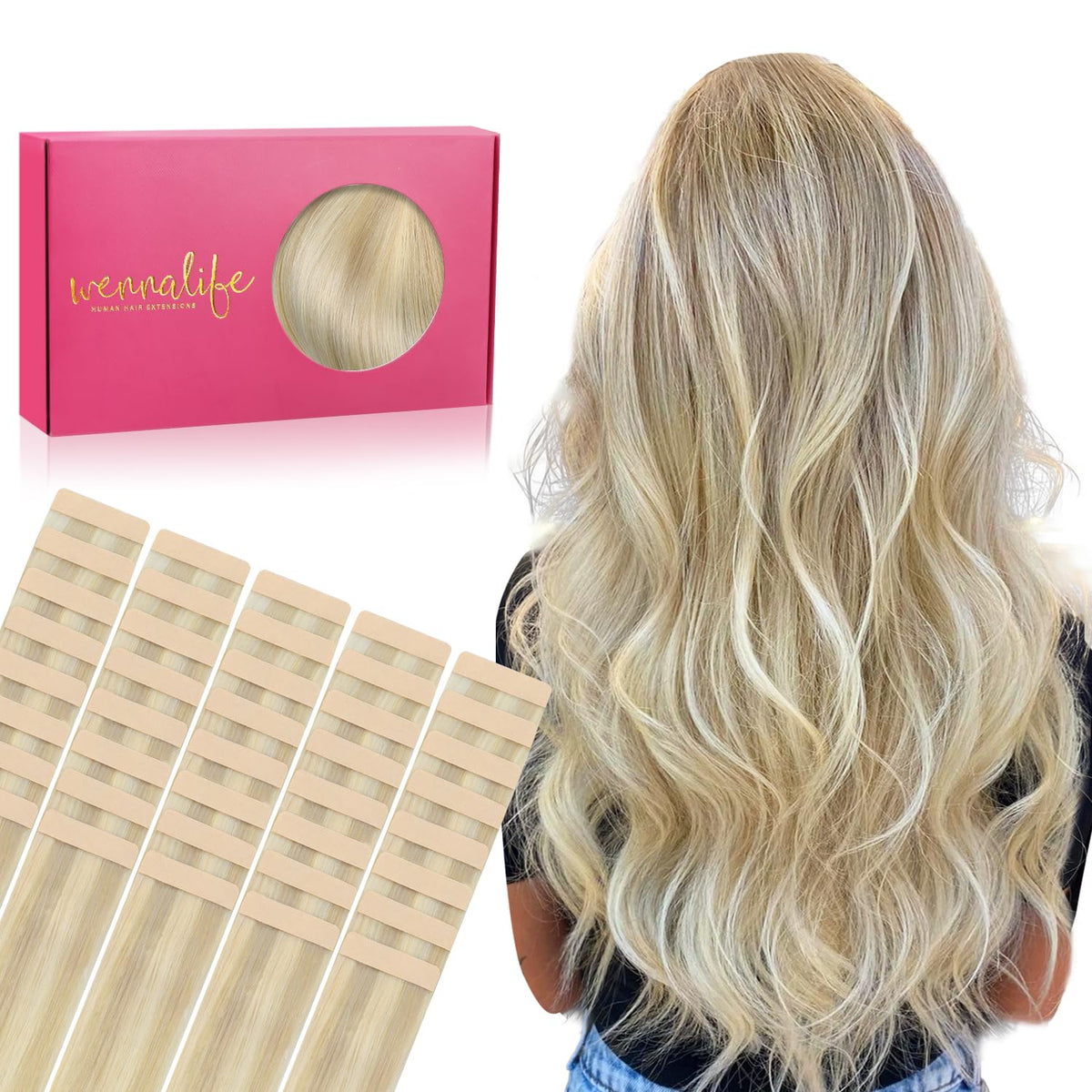 Wennalife Tape in Hair Extensions Ombre Ash Blonde 14 inch front view