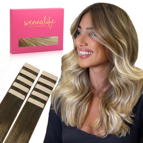 Wennalife Tape in Hair Extensions Ombre Walnut Brown front view