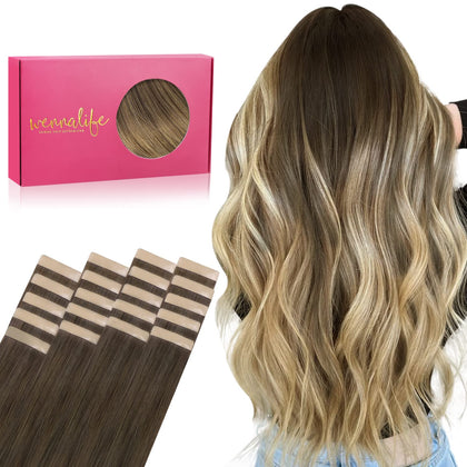 Wennalife Tape In Hair Extensions Ombre Walnut to Ash Brown front view