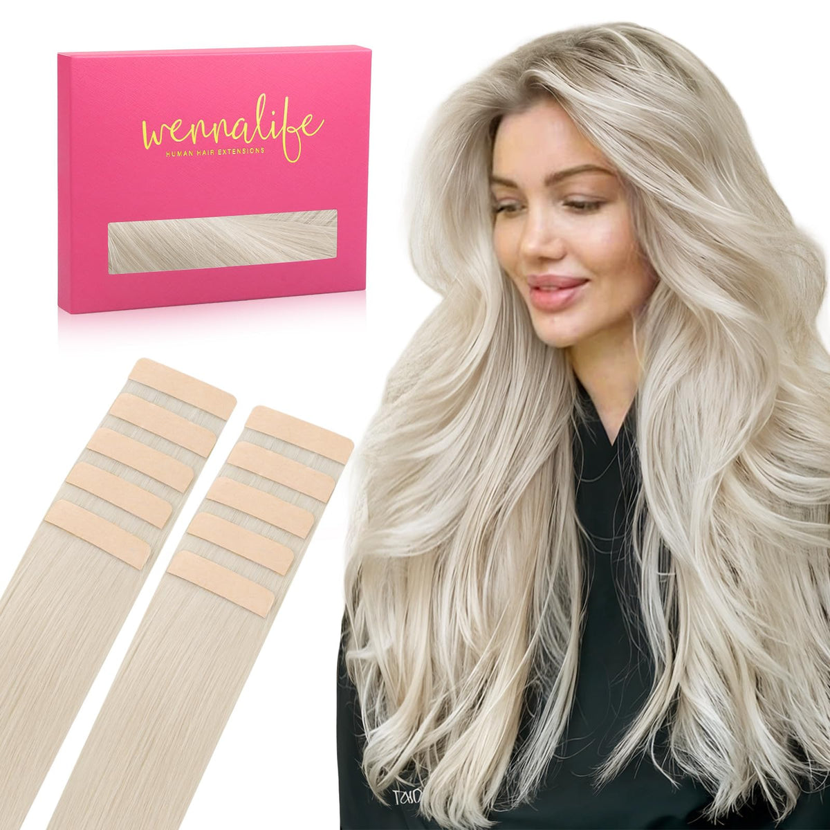 Wennalife Tape in Hair Extensions Platinum Blonde 22 inch front view