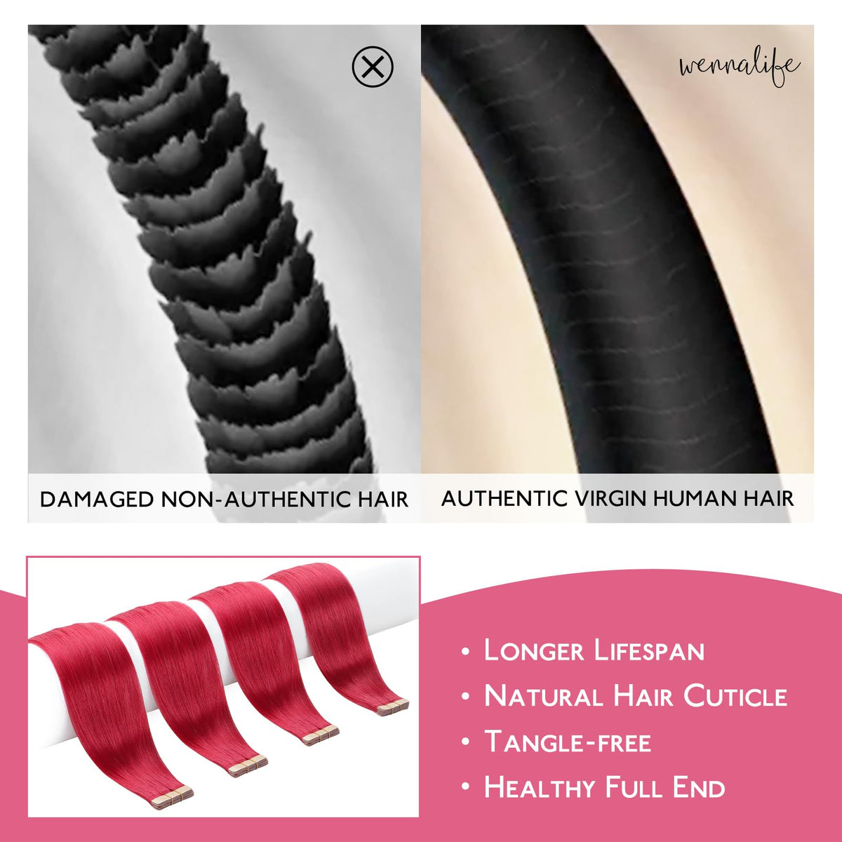 Wennalife Tape In Hair Extensions red strands close-up