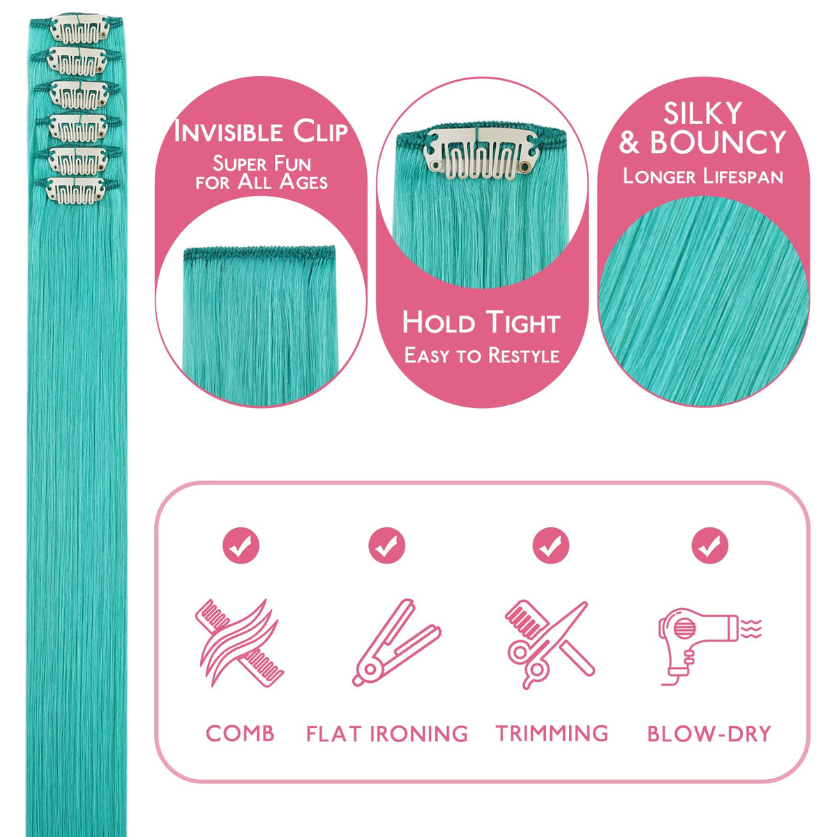 Wennalife Teal Green Clip-In Hair Extensions displayed on a mannequin