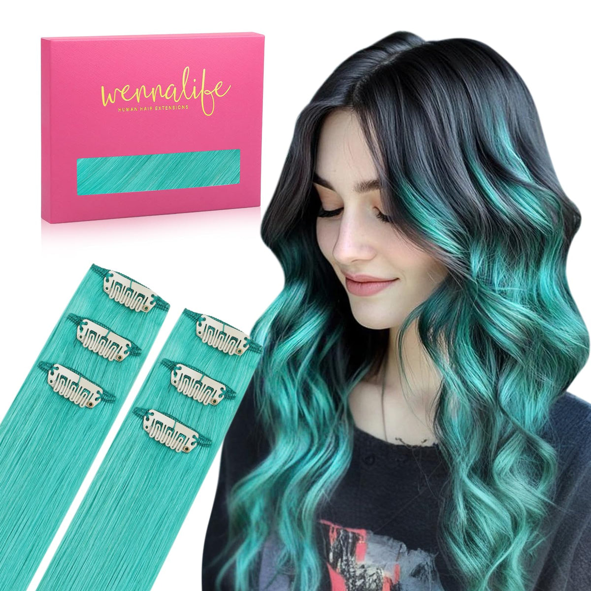 Wennalife Teal Green Clip-In Hair Extensions set with 6 pieces