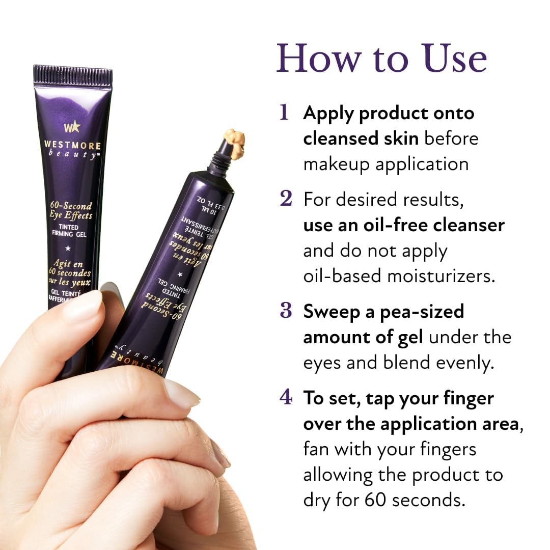 Westmore Beauty 60 Second Effects Tinted Firming Gel on a vanity with other beauty products