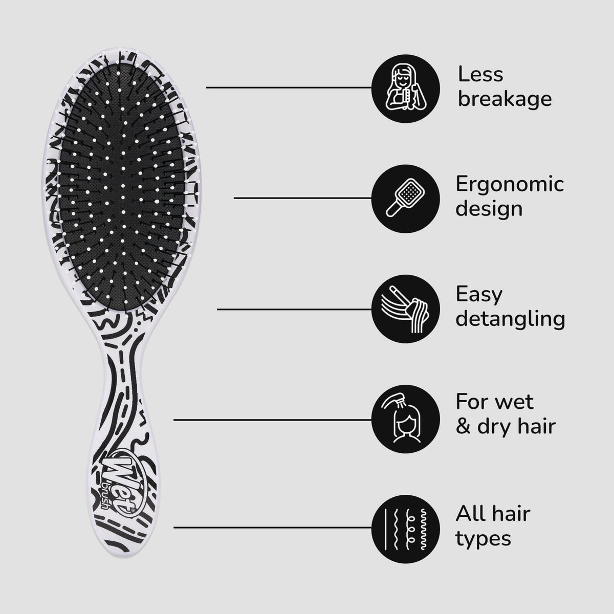 Wet Brush Original Detangler Hair Brush on a bathroom counter with hair products