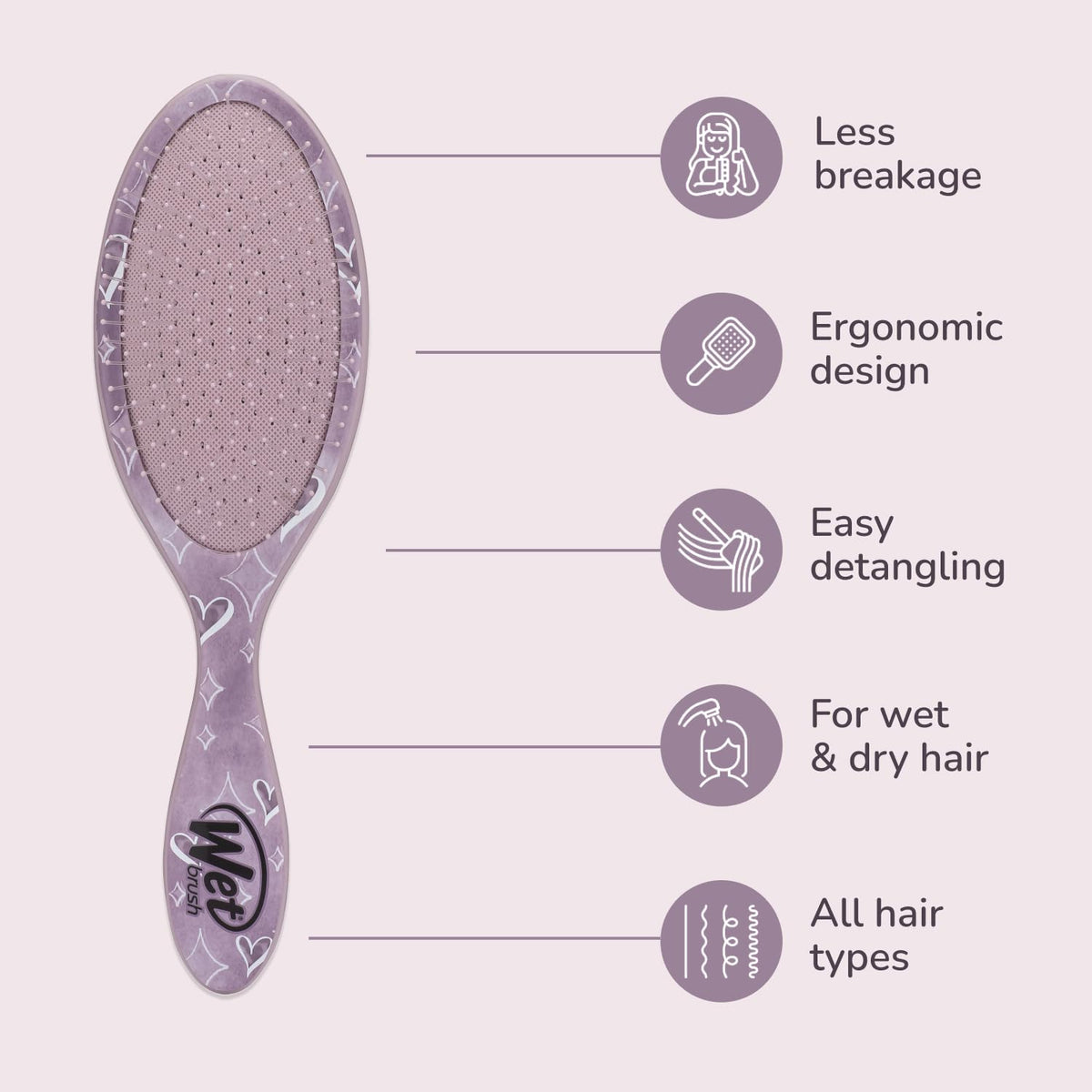 Wet Brush Original Detangler on a bathroom counter with hair products
