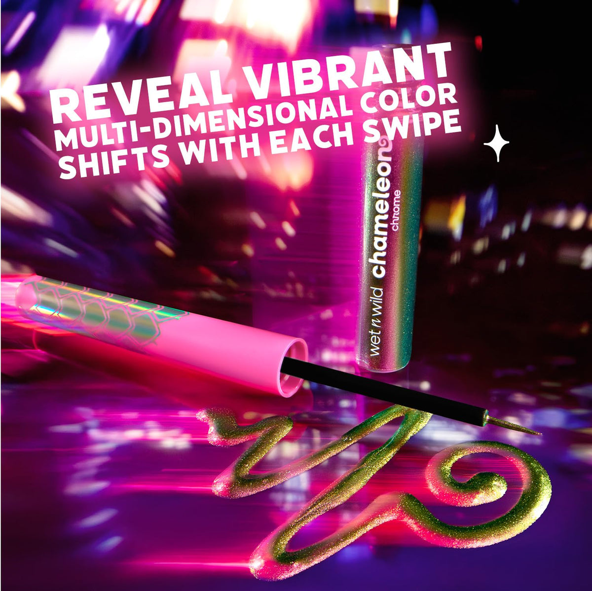 wet n wild Chameleon Chrome Liquid Eyeliner applied on model's eyes